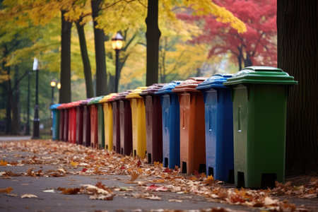 colorful recycling bins lined up in a park, created with generative aiの素材