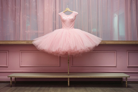 pink tutu hanging on a ballet barre, created with generative aiの素材