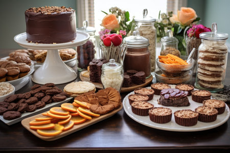 a delicious gluten-free dessert display with cakes, cookies, and brownies, created with generative aiの素材