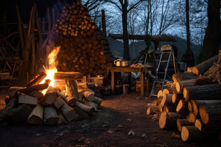 campfire setup with firewood and kindling, created with generative aiの素材