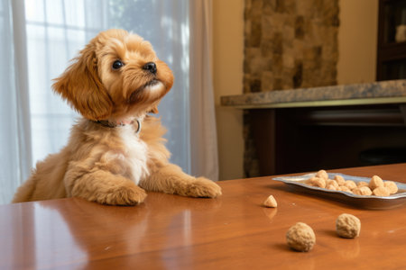 puppy learning to sit with treat guidance, created with generative aiの素材