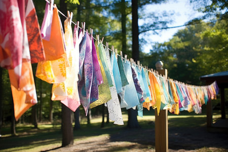 clothesline with reusable cloth napkins drying, created with generative aiの素材