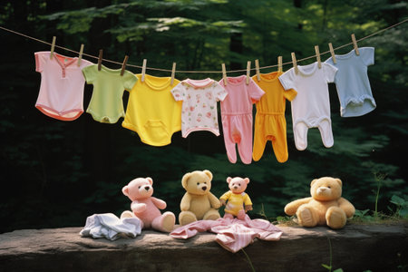 clothesline with baby clothes and cloth diapers, created with generative aiの素材
