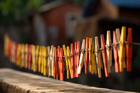 clothespins lined up on empty clothesline, created with generative aiの素材