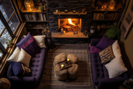 birds-eye view of a fireplace surrounded by comfy pillows, created with generative aiの素材