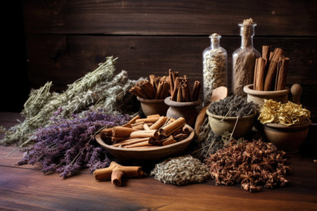 a variety of dried herbs on a wooden table, created with generative aiの素材