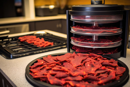beef jerky strips inside a food dehydrator, created with generative aiの素材