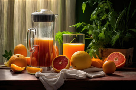 freshly squeezed juice in glass near juicer, created with generative aiの素材