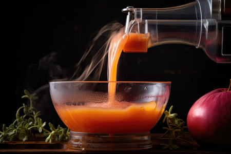 close-up of freshly squeezed juice pouring from juicer, created with generative aiの素材