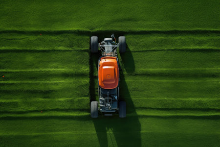 top view of a lawn mower with freshly mowed lines, created with generative aiの素材