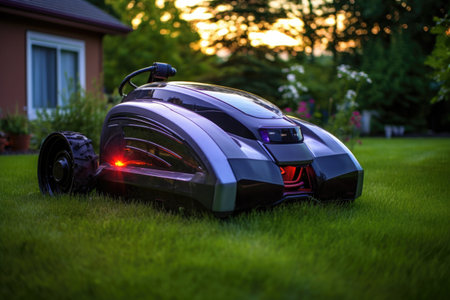 robotic lawn mower operating in the evening with built-in lights on, created with generative aiの素材