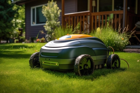 robotic lawn mower grass in a backyard, created with generative aiの素材