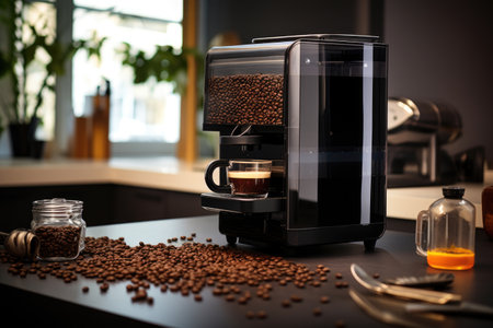 coffee beans scattered around smart coffee machine, created with generative aiの素材