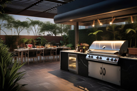 wide angle view of a smart grill in a modern outdoor kitchen setting, created with generative aiの素材