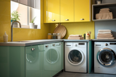 modern laundry room featuring a smart washing machine, created with generative aiの素材