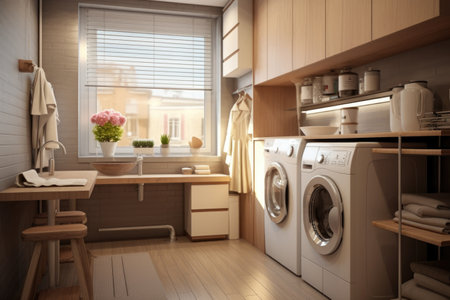 smart washing machine in a modern laundry room, created with generative aiの素材