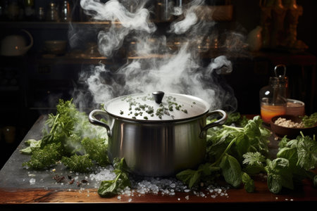 steamer releasing steam over a pot of boiling water, created with generative aiの素材