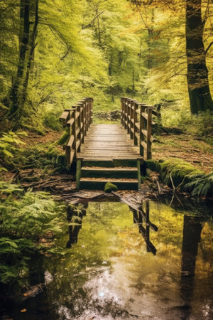wooden bridge over a peaceful stream in the woods, created with generative aiの素材