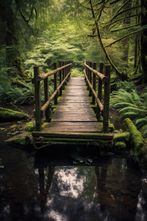 wooden bridge crossing a serene stream, created with generative aiの素材