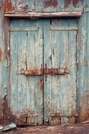 old barn door with peeling paint and rusty hinges, created with generative aiの素材
