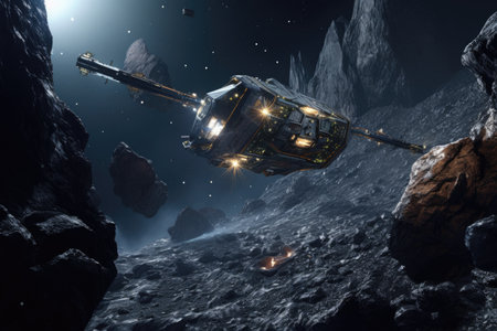 spacecraft deploying mining drones to an asteroid, created with generative aiの素材