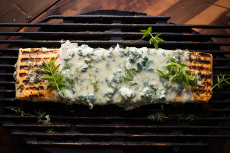 top view of blue cheese grilling on cedar plank, created with generative aiの素材