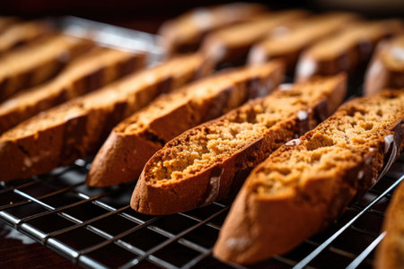 close-up of freshly baked biscotti on cooling rack, created with generative aiの素材