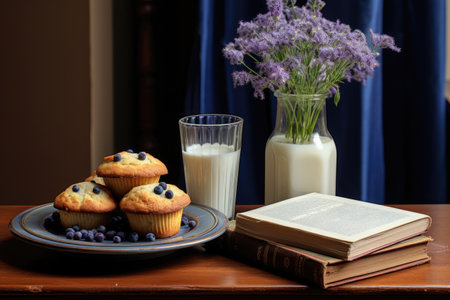 blueberry muffins with a glass of milk and a recipe book, created with generative aiの素材