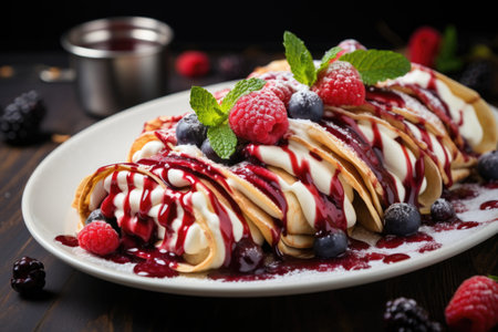 rolled crepes with berry sauce drizzled on top, created with generative aiの素材