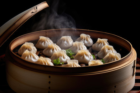 tray of steamed dumplings in bamboo steamer, created with generative aiの素材