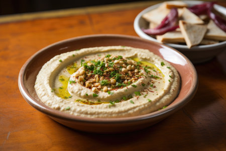 hummus with a side of fresh tahini sauce, created with generative aiの素材