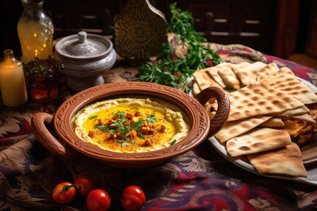 homemade hummus in a decorative bowl with pita bread, created with generative aiの素材