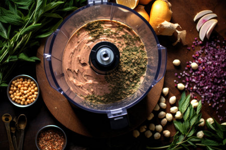 overhead shot of a food processor blending hummus, created with generative aiの素材
