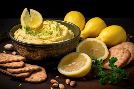 lemon slices and garlic cloves near a hummus bowl, created with generative aiの素材