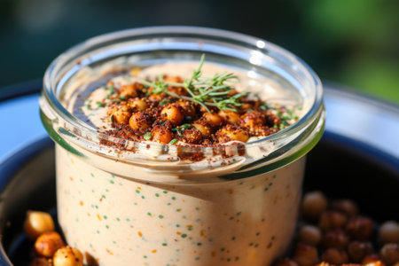 close-up of tahini and chickpeas in a jar, created with generative aiの素材