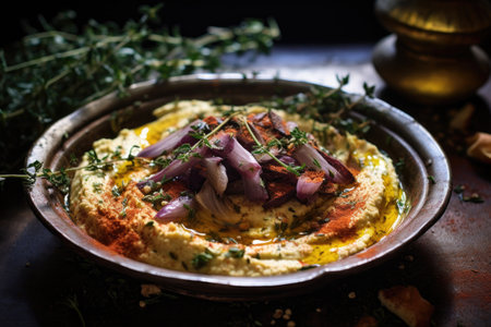 hummus with olive oil drizzle and spices, created with generative aiの素材