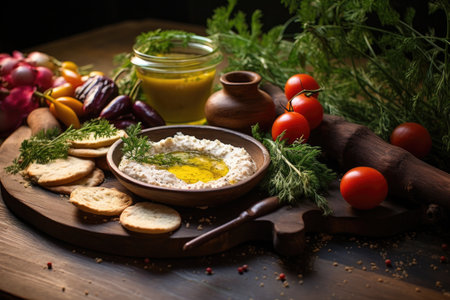 fresh ingredients for hummus on a wooden board, created with generative aiの素材