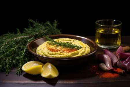 olive oil, lemon, and spices next to hummus, created with generative aiの素材