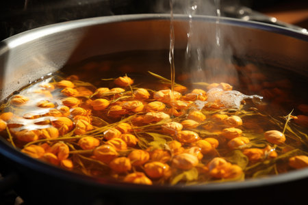 close-up of chickpeas soaking in water, created with generative aiの素材