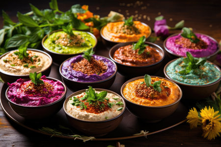 colorful variety of hummus flavors in small bowls, created with generative aiの素材