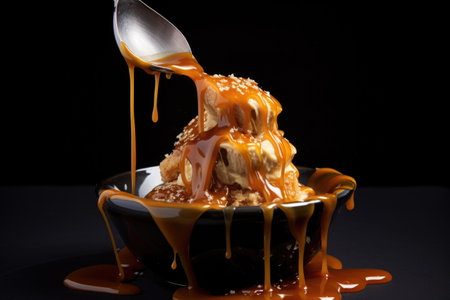 drizzling caramel sauce on a scoop of ice cream, created with generative aiの素材