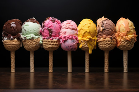 ice cream scoops lined up with different flavors, created with generative aiの素材