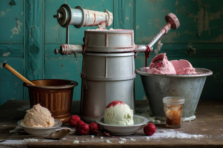 homemade ice cream in a vintage metal churn, created with generative aiの素材