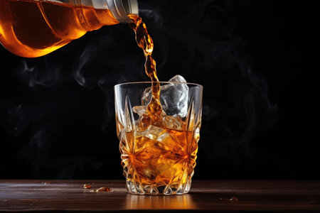 freshly brewed tea pouring into ice-filled glass, created with generative aiの素材