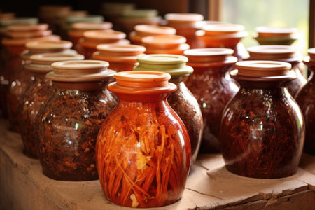 fermenting kimchi in traditional earthenware jars, created with generative aiの素材