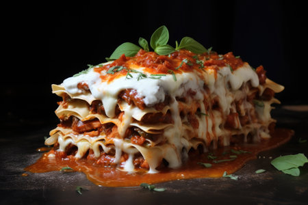 layering lasagna noodles with sauce and cheese, created with generative aiの素材