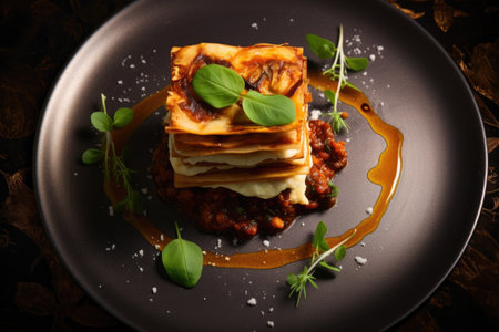 top view of a beautifully plated lasagna slice, created with generative aiの素材