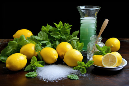 lemonade ingredients: lemons, sugar, water, mint, created with generative aiの素材