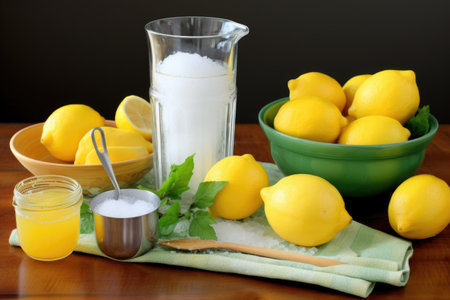 lemonade ingredients: lemons, sugar, water, ice, created with generative aiの素材
