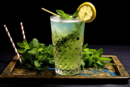 lemonade garnished with mint leaves and straw, created with generative aiの素材